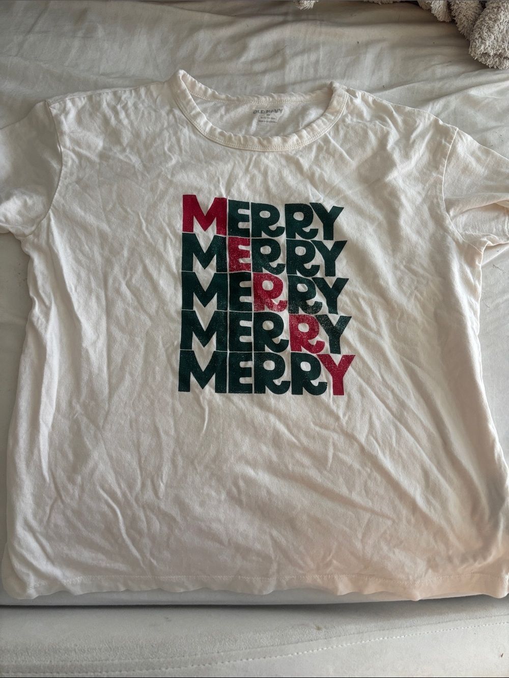 Old Navy Merry Graphic Tee - White with Red & Green Print XS